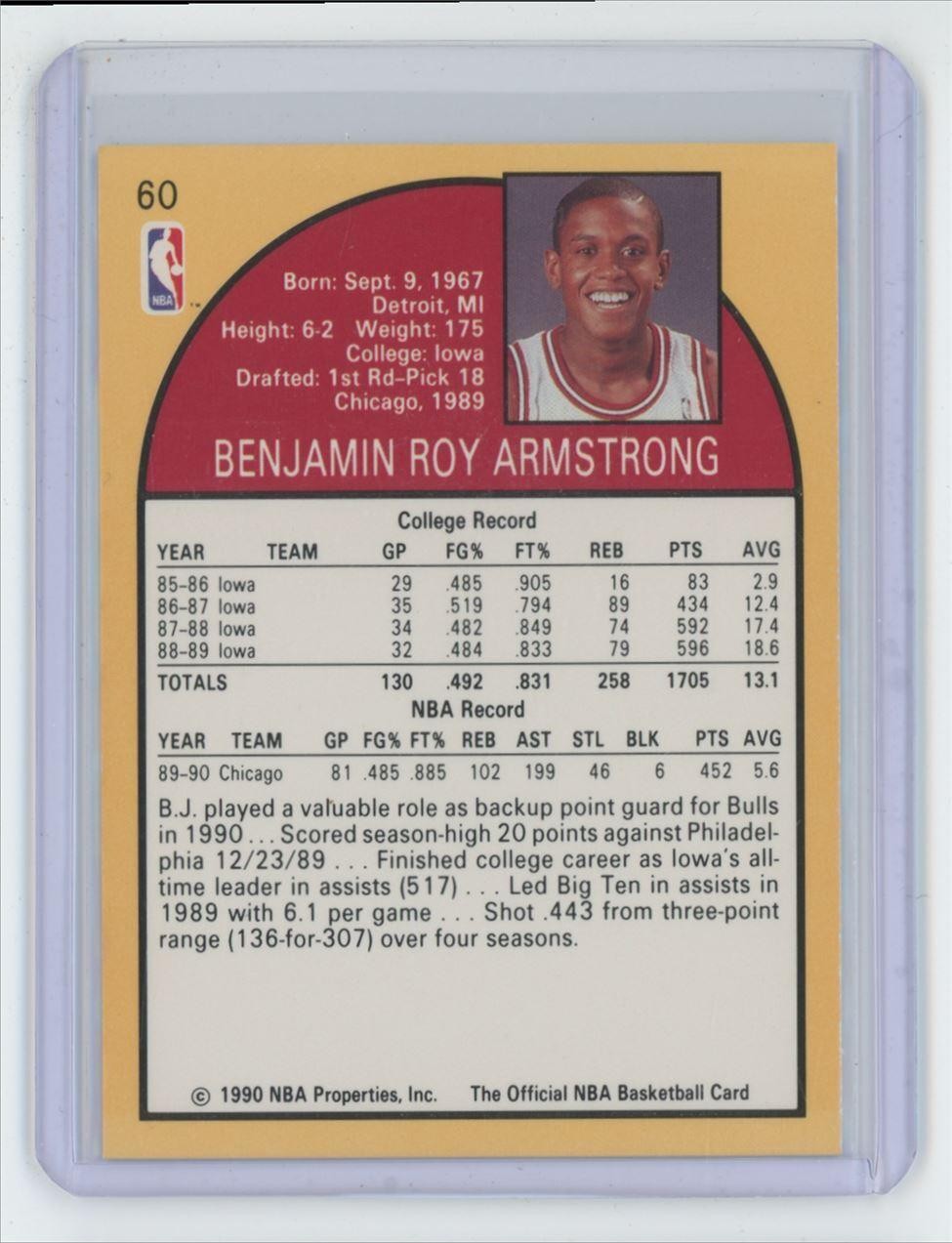 1990-91 Hoops B.J. Armstrong Basketball Card Chicago Bulls #60