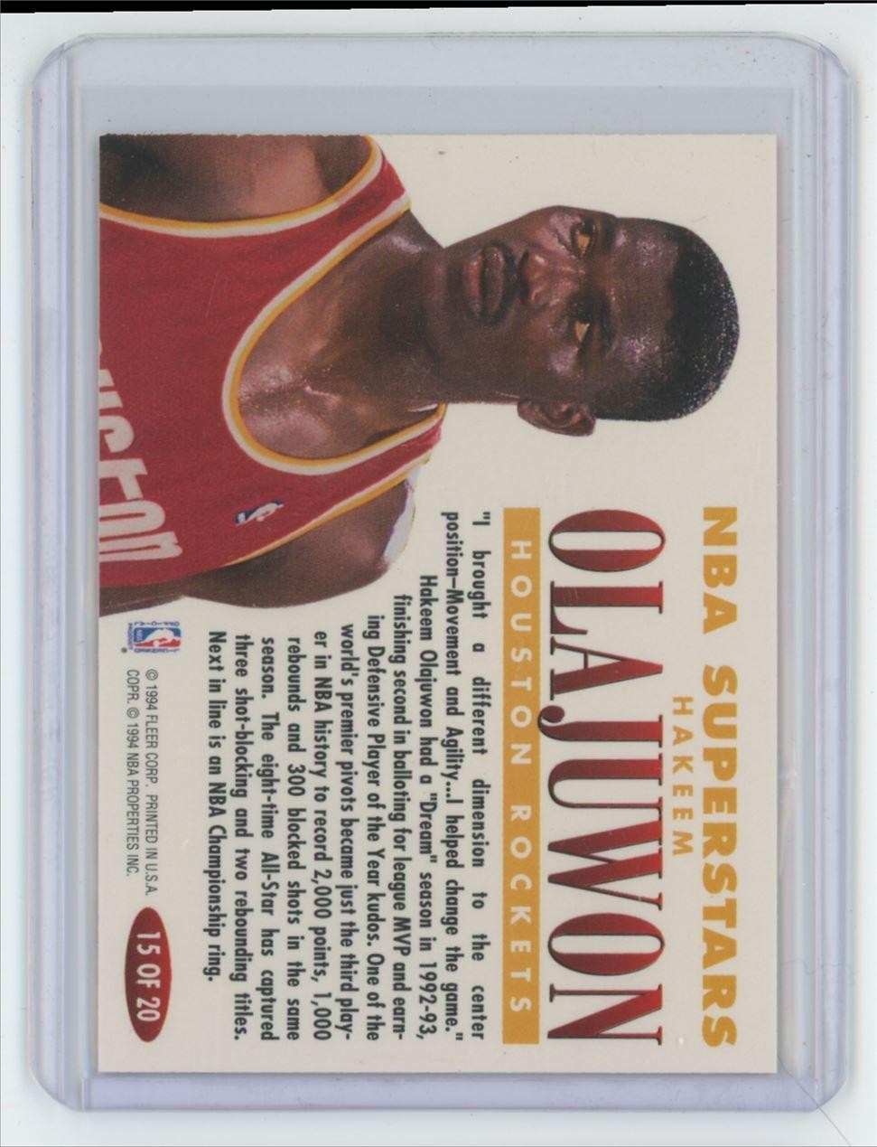 1993-94 Fleer Hakeem Olajuwon Basketball Card #15 OF 20