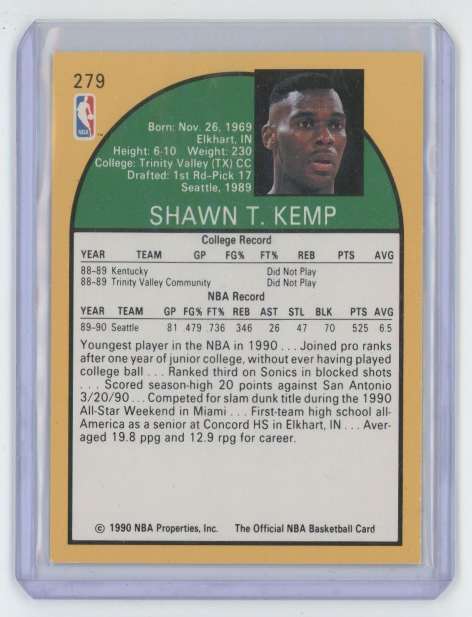 1990-91 Hoops Shawn Kemp Basketball Card Seattle SuperSonics #279