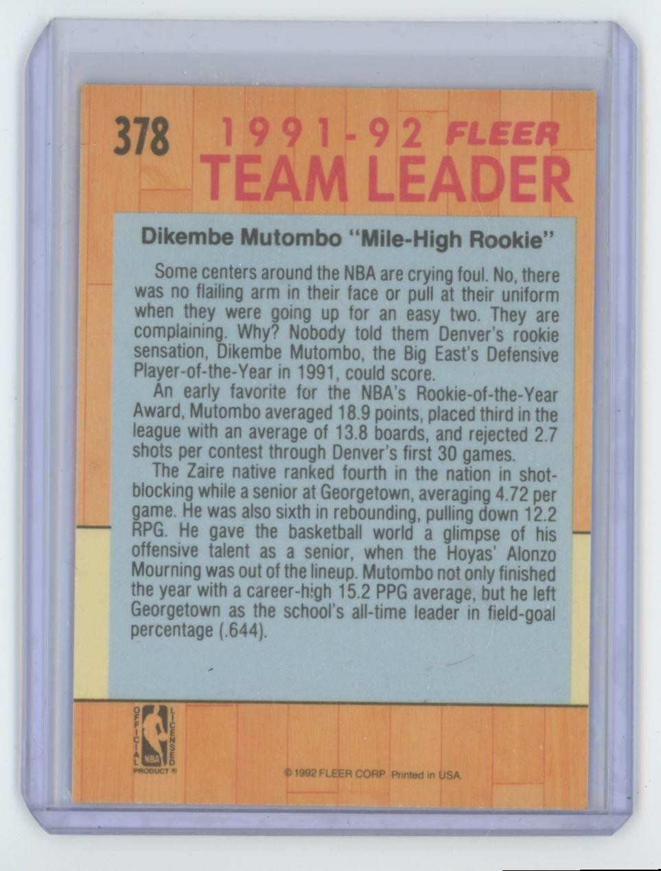 1991-92 Fleer Dikembe Mutombo Basketball Card Denver Nuggets #378