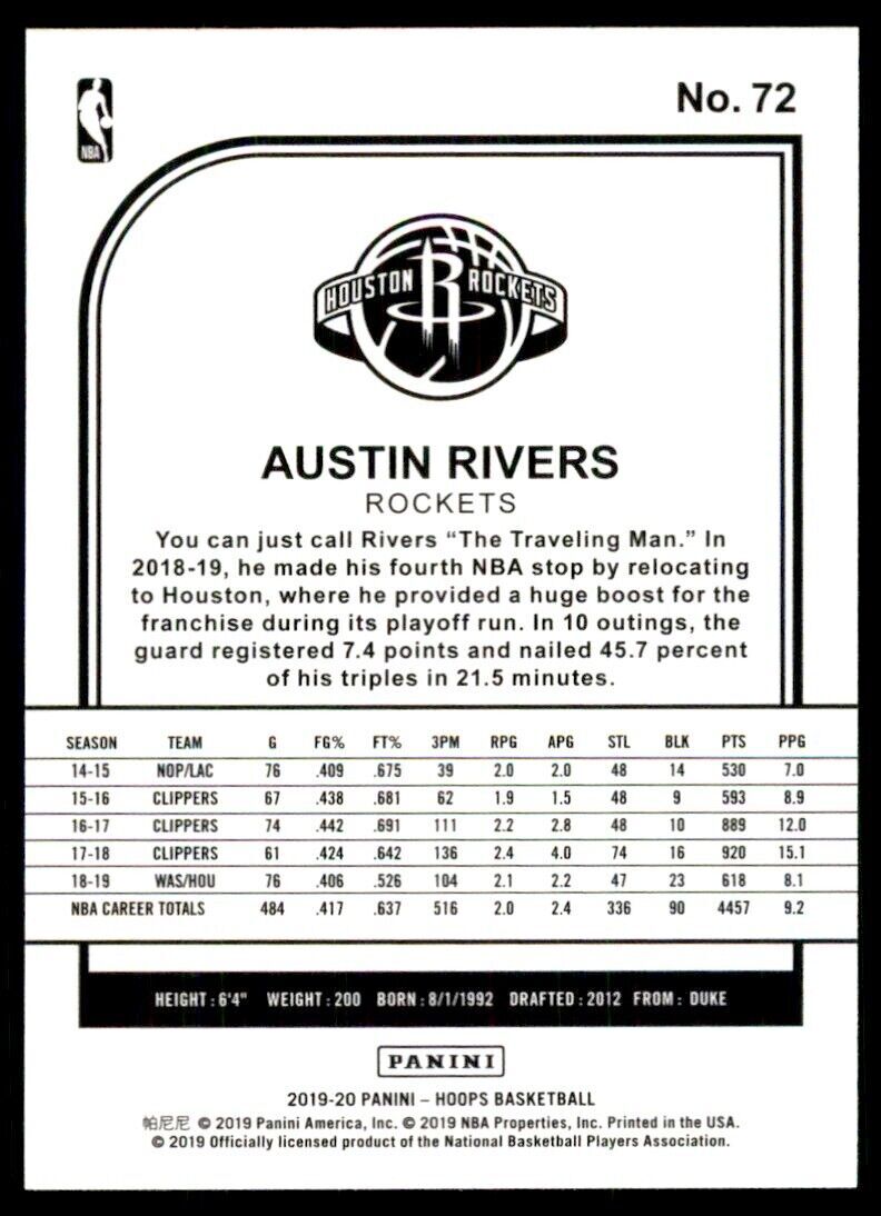 2019-20 NBA HOOPS* AUSTIN RIVERS HOUSTON ROCKETS #72