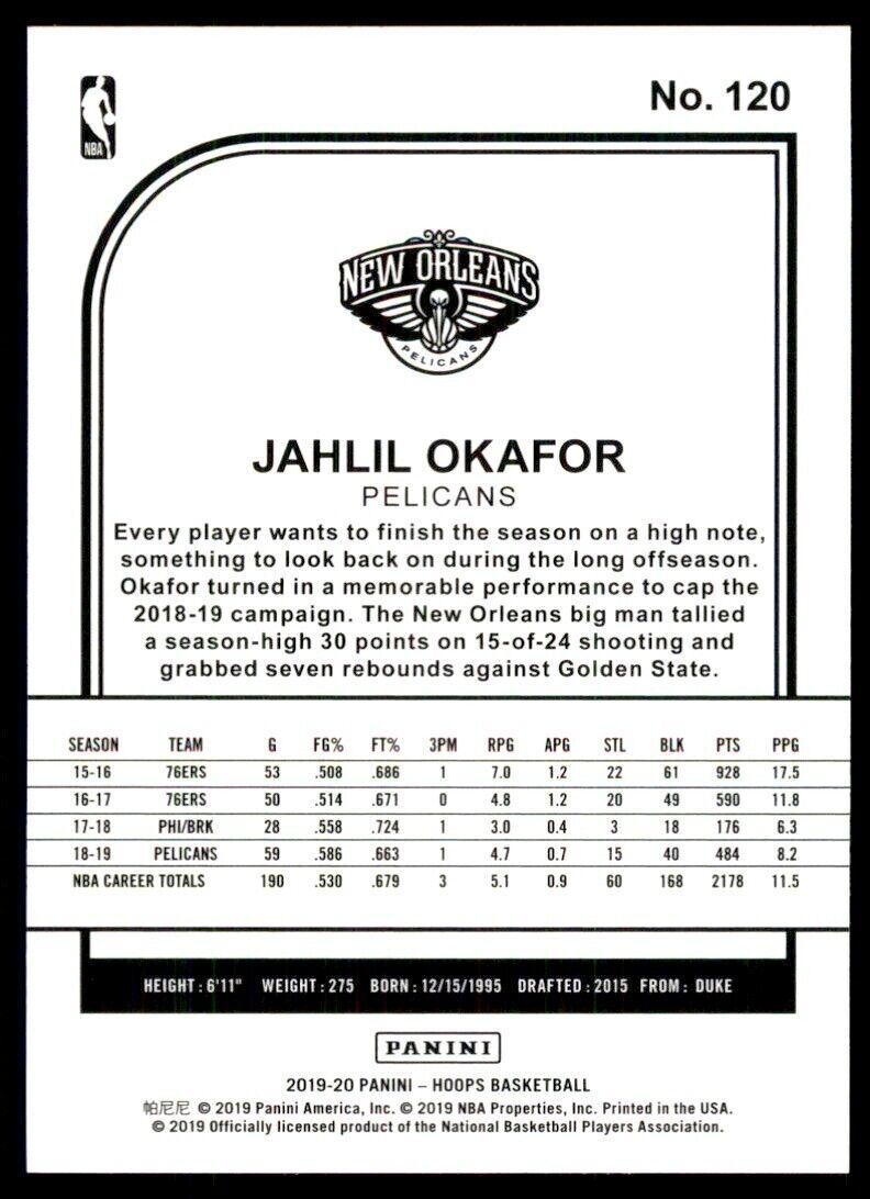 2019-20 NBA HOOPS* JAHLIL OKAFOR NEW ORLEANS PELICANS #120
