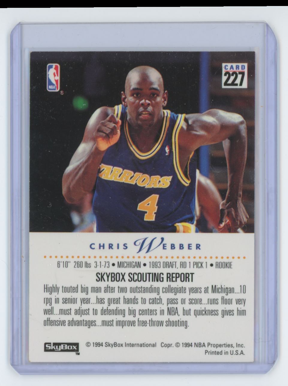 1993-94 SkyBox Chris Webber Rookie Card Golden State Warriors #227