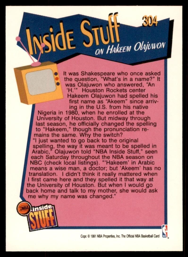 1991-92 NBA Hoops Hakeem Olajuwon Basketball Cards #304