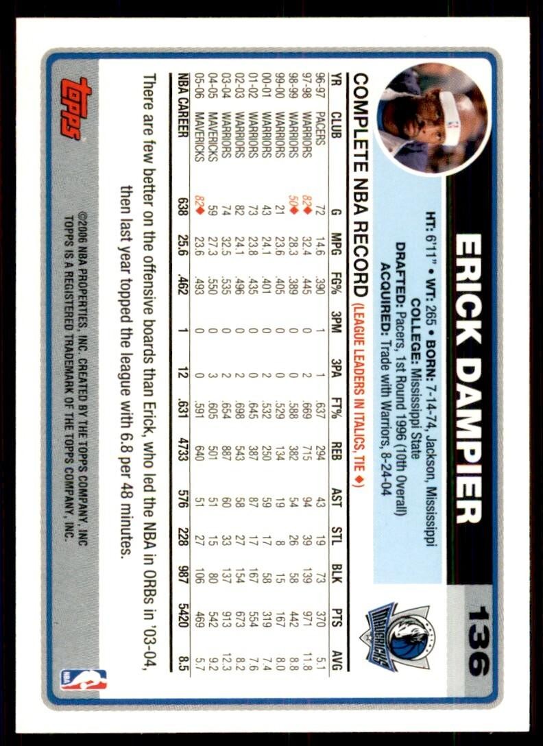 2006-07 Topps Erick Dampier Dallas Mavericks #136