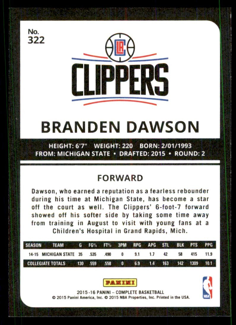 2015-16 Panini Complete. Branden Dawson Los Angeles Clippers #322