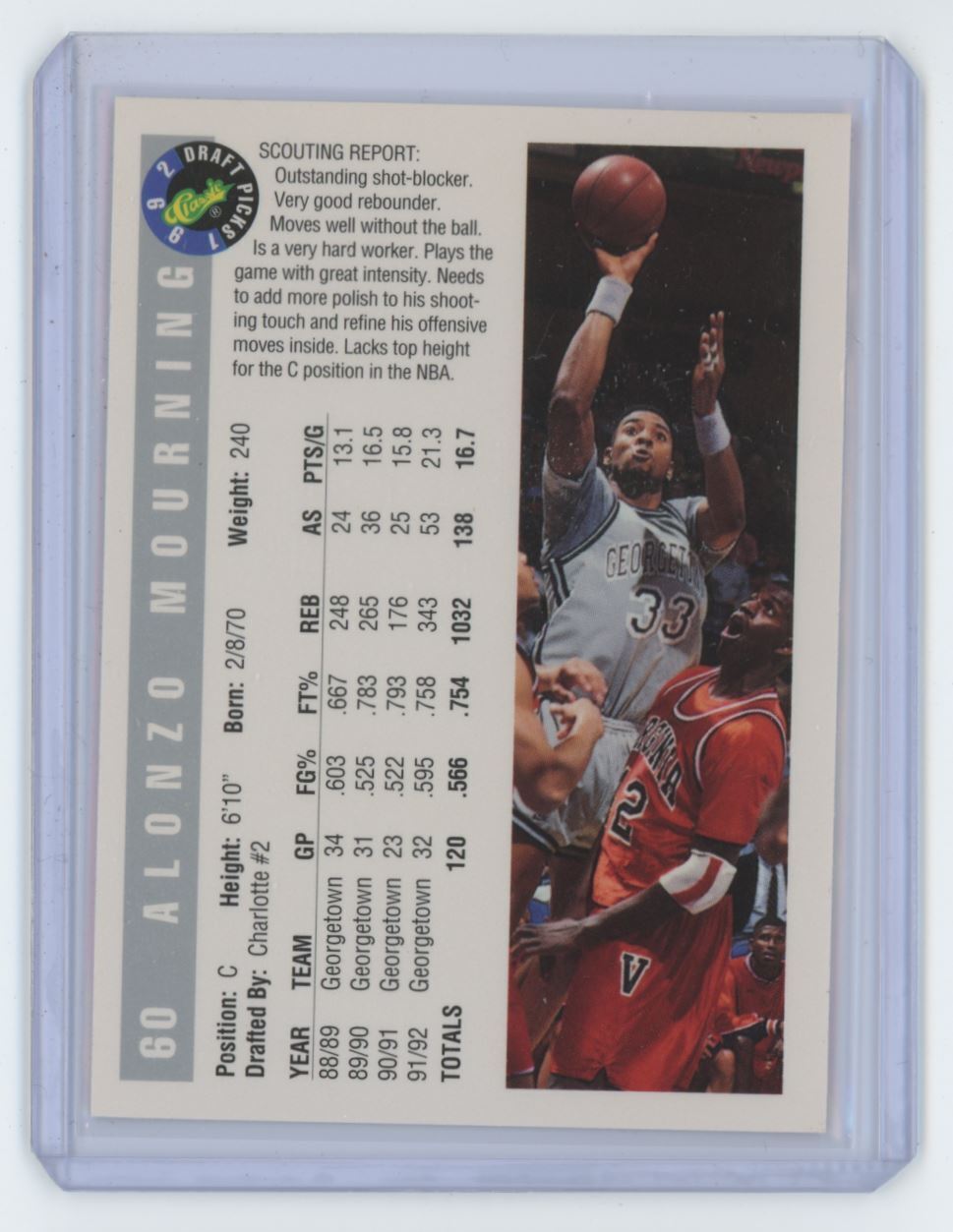 1992-93 Classic Draft Pick Alonzo Mourning Basketball Card #60