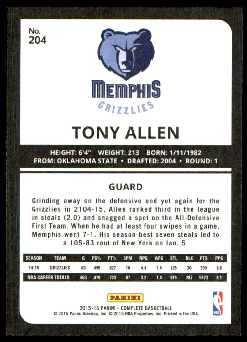 2015-16 Panini Complete- Tony Allen 100 Memphis Grizzlies #204