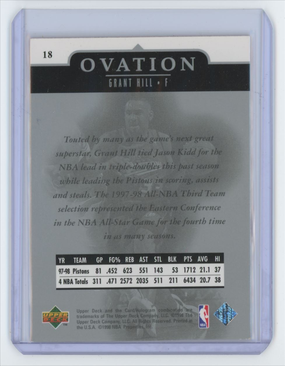 1998-99 Upper Deck Ovation Grant Hill Basketball Card Detroit Pistons #18