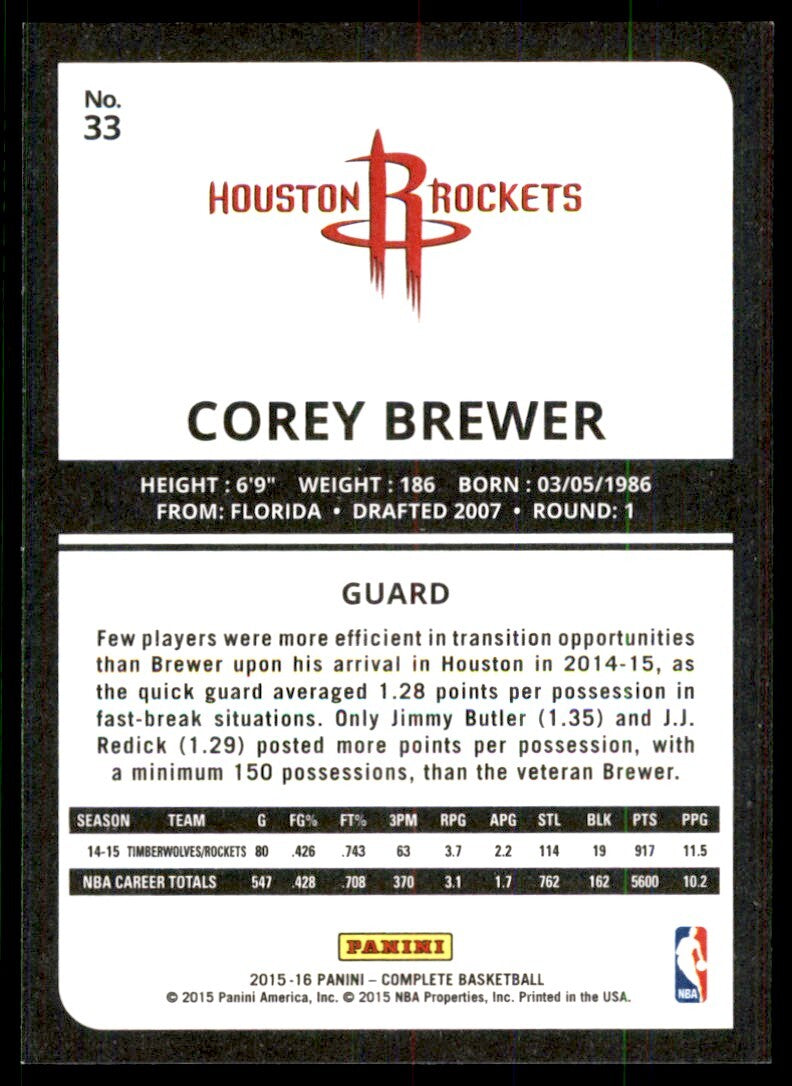 2015-16 Panini Complete* Corey Brewer Houston Rockets #33