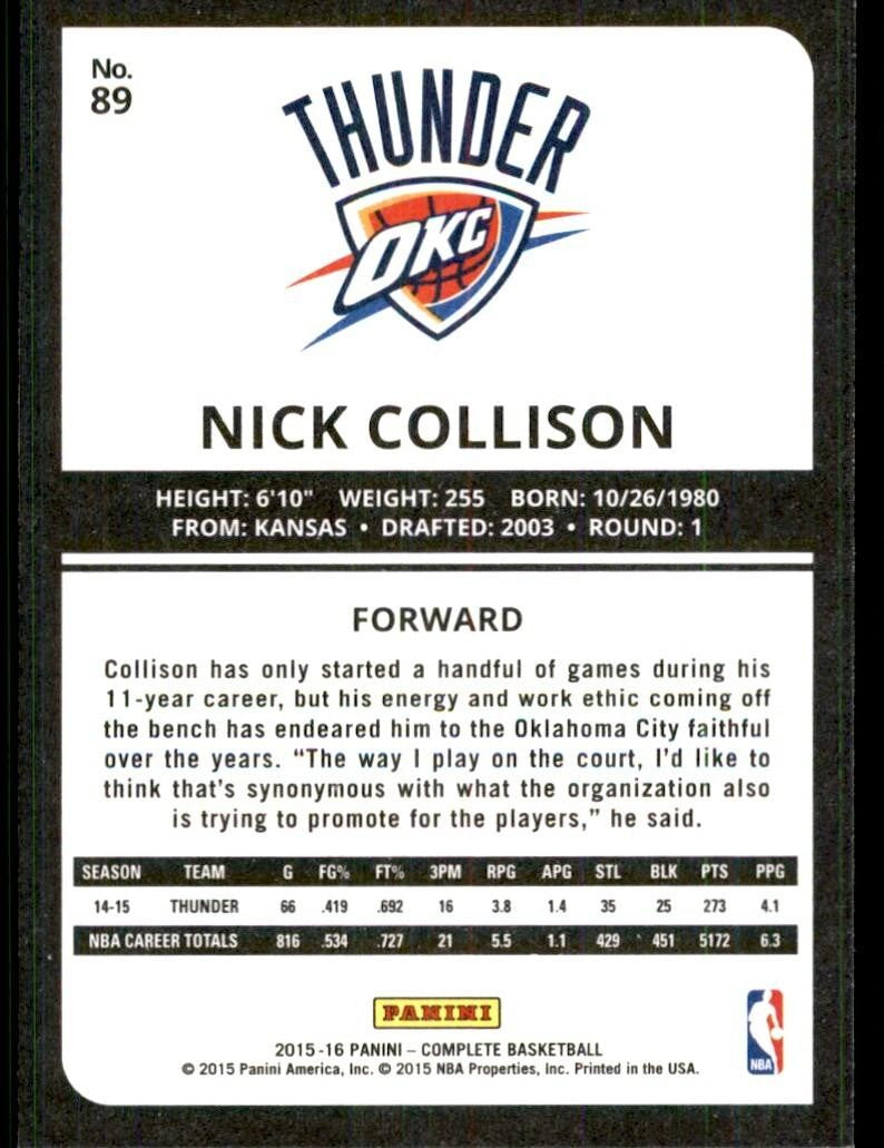 2015-16 Panini Complete^ Nick Collison Oklahoma City Thunder #89