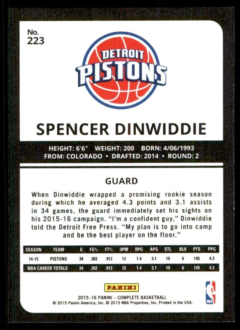 2015-16 Panini Complete] Spencer Dinwiddie Detroit Pistons #223