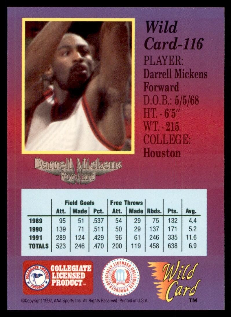 1992-93 Wild Card Darrell Mickens Basketball Cards #116