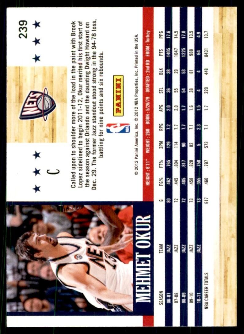 2011-12 Hoops Mehmet Okur 100 New Jersey Nets #239