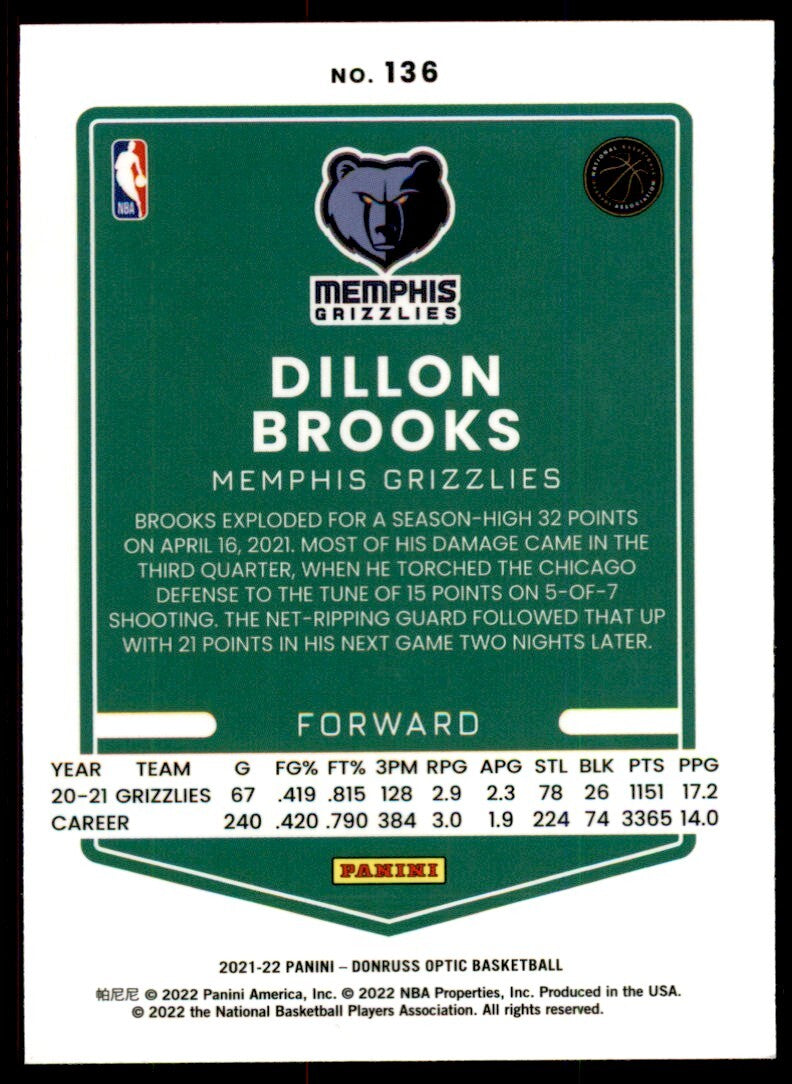 2021-22 Donruss Optic Dillon Brooks Basketball Card Memphis Grizzlies #136