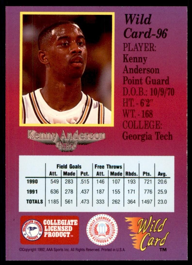 1992-93 Wild Card Kenny Anderson Basketball Cards #96