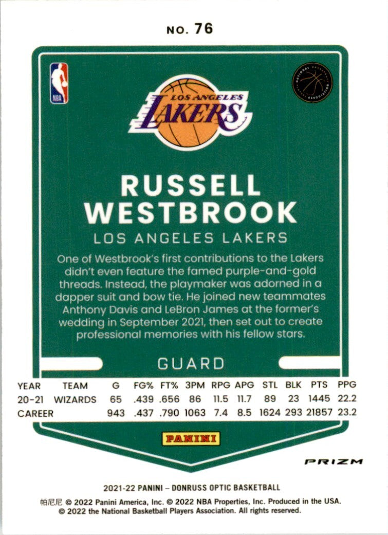 2021-22 Donruss Optic Russell Westbrook Basketball Card Los Angeles Lakers #76