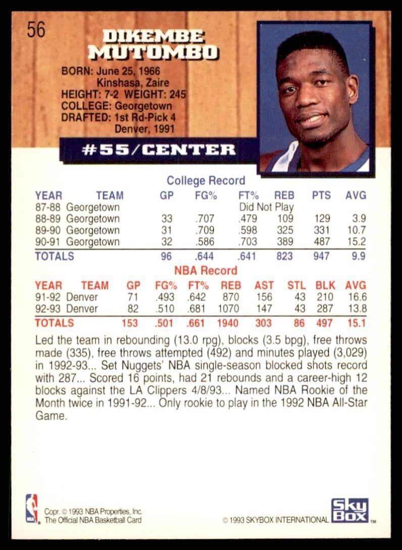 1993-94 NBA Hoops Dikembe Mutombo Basketball Cards #56