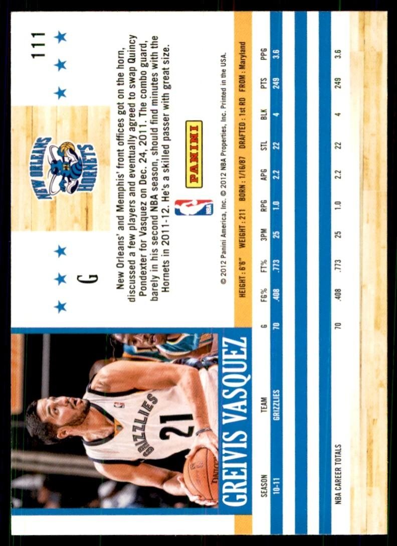 2011-12 NBA Hoops: Greivis Vasquez New Orleans Hornets #111