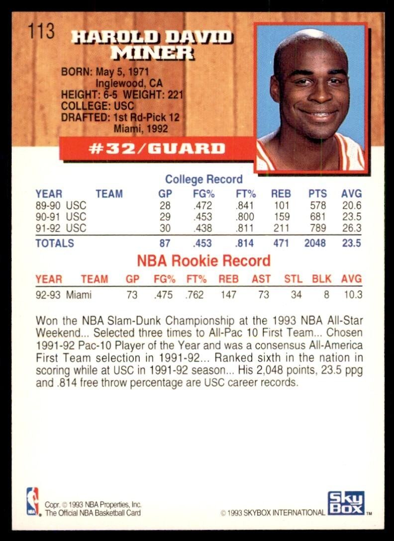 1993-94 NBA Hoops Harold Miner Basketball Cards #113