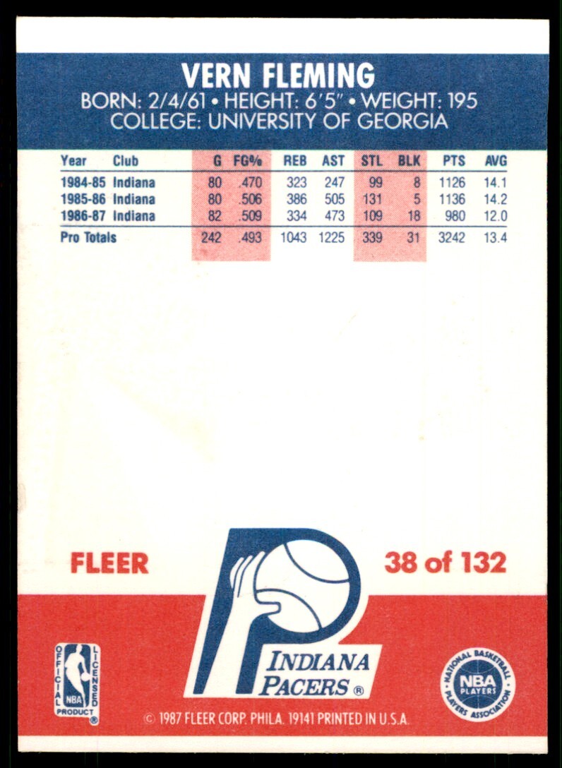 1987-88 Fleer Basketball Card Vern Fleming Indiana Pacers #38