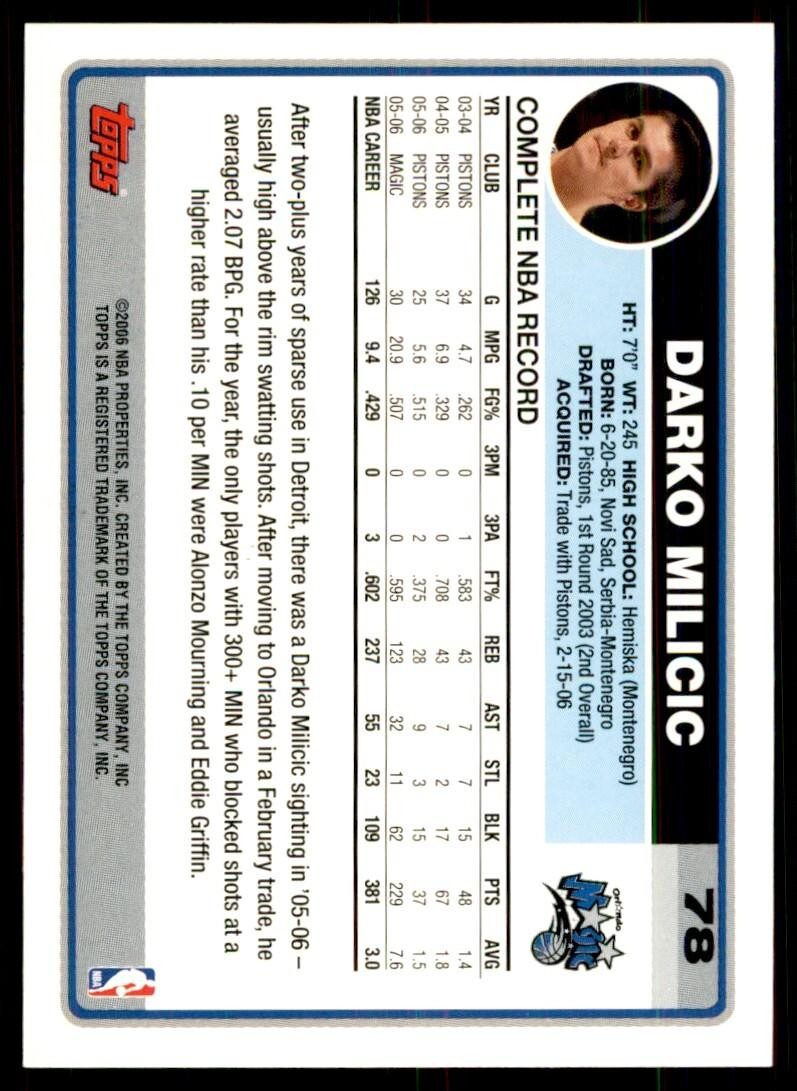 2006-07 Topps. Darko Milicic Orlando Magic #78