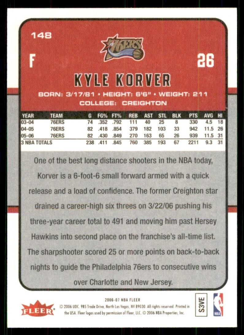 2006-07 Fleer Kyle Korver Philadelphia 76ers #148