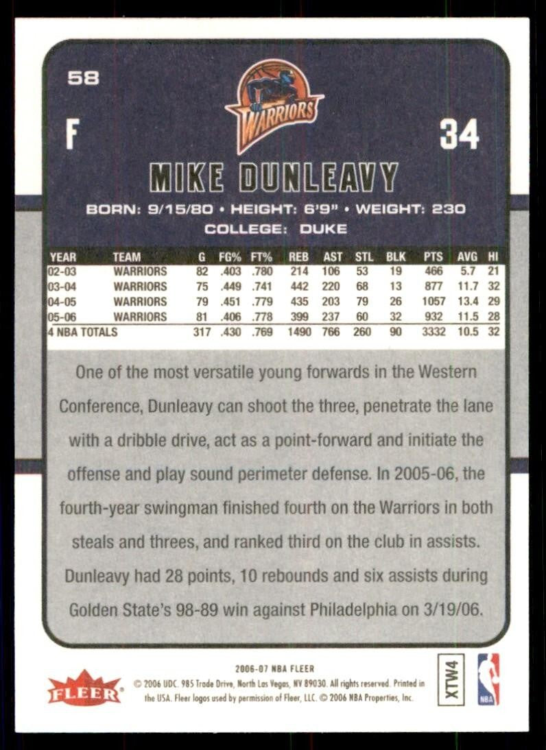 2006-07 Fleer. Mike Dunleavy Jr. Golden State Warriors #58