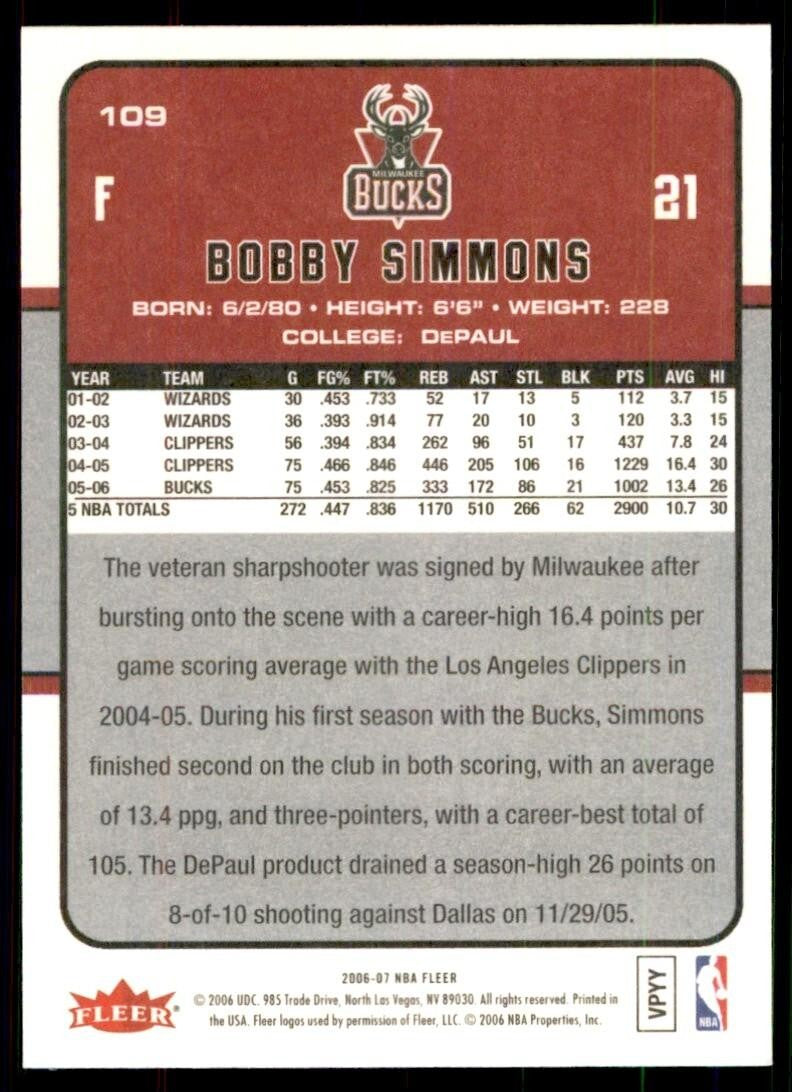 2006-07 Fleer. Bobby Simmons 100 Milwaukee Bucks #109