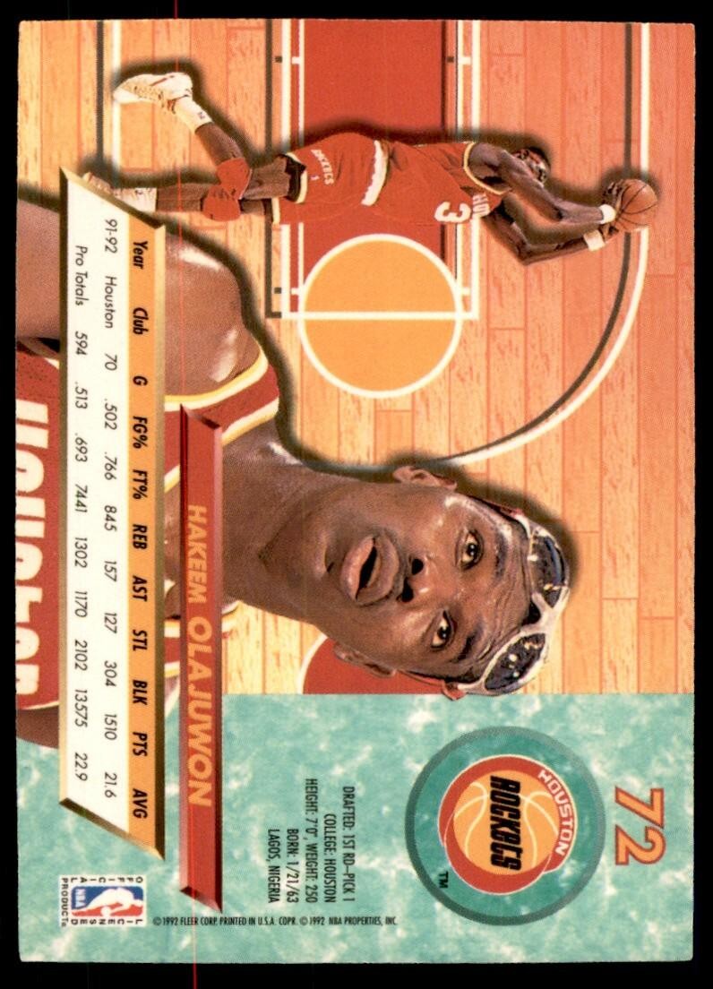 1992-93 Fleer Ultra Hakeem Olajuwon Basketball Cards #72