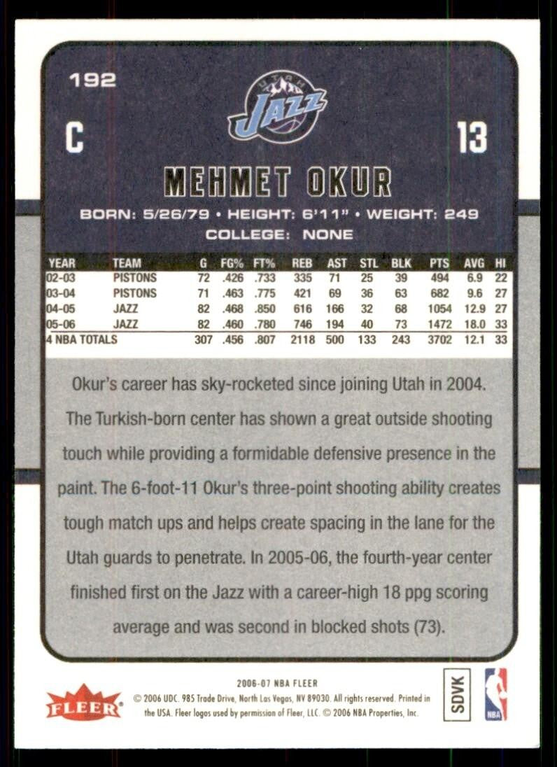 2006-07 Fleer. Mehmet Okur Utah Jazz #192