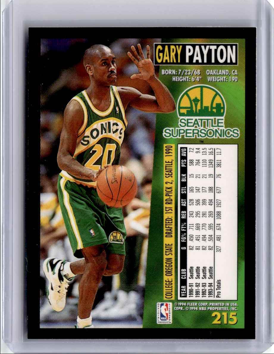 1994-95 Fleer Gary Payton Basektball Card Seattle SuperSonics #215