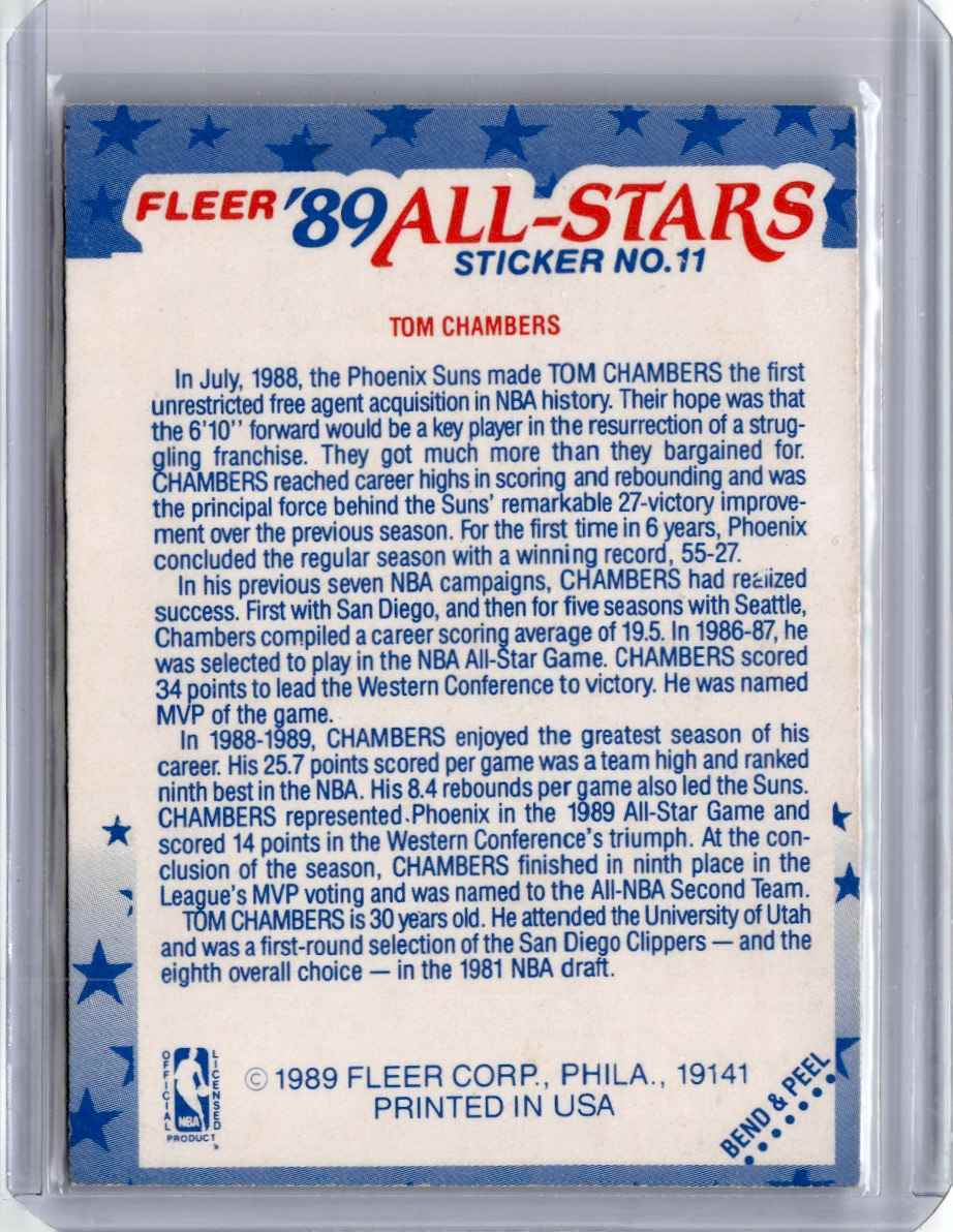 1989-90 Fleer Stickers Tom Chambers Basektball Card Phoenix Suns #11