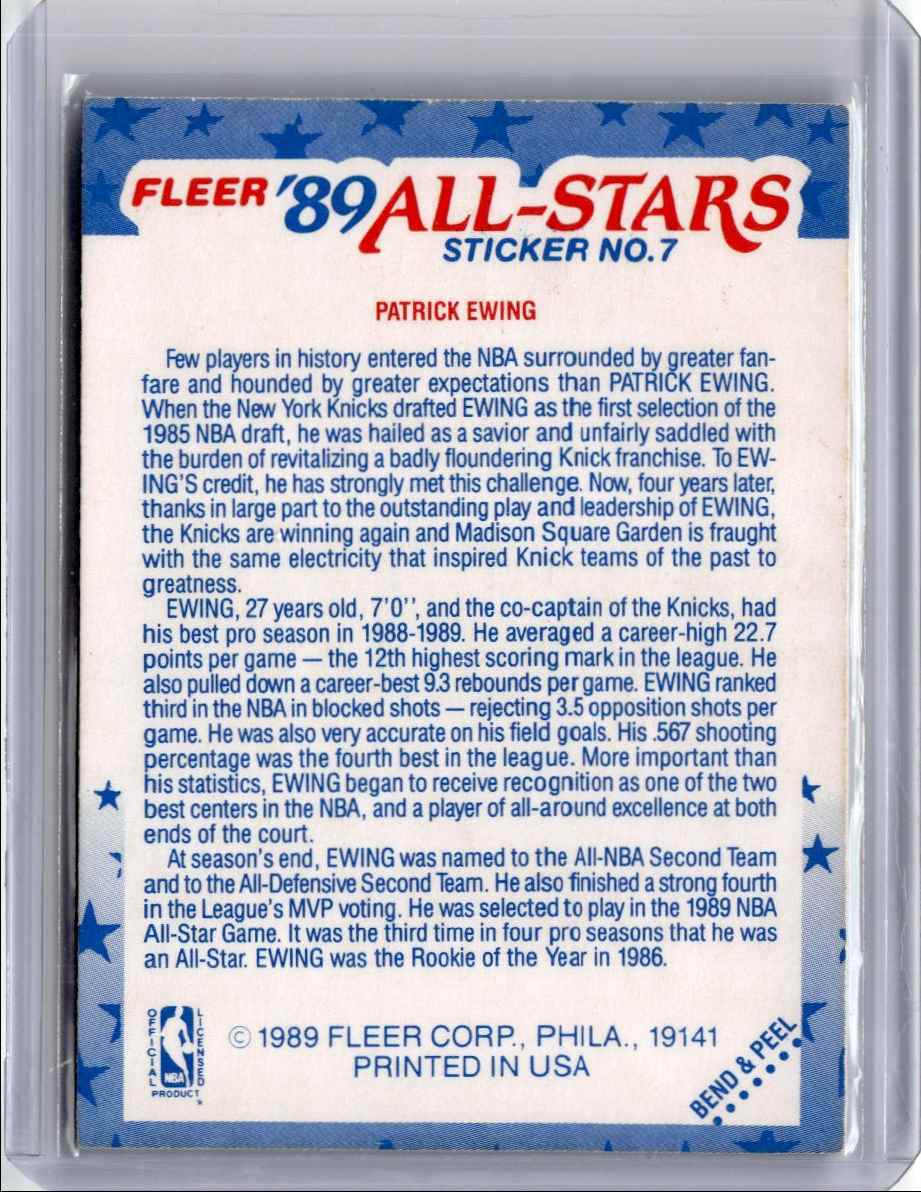 1989-90 Fleer Stickers Patrick Ewing Basektball Card New York Knicks #7