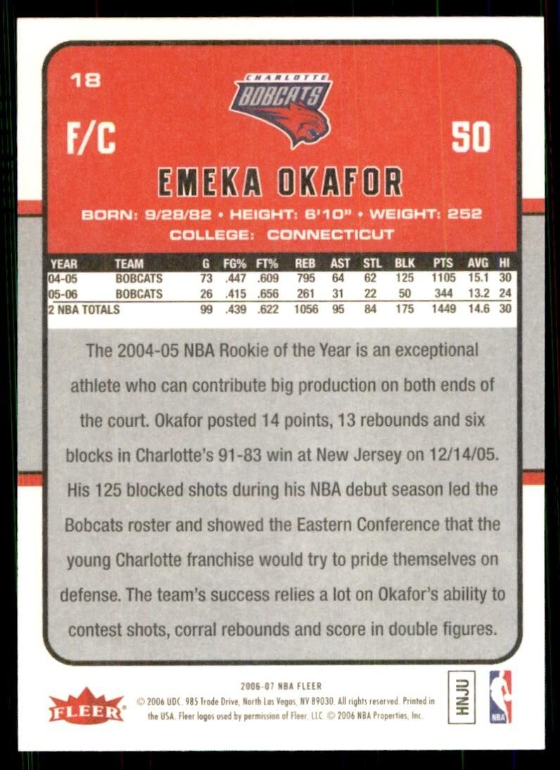 2006-07 Fleer Emeka Okafor 100 Charlotte Bobcats #18