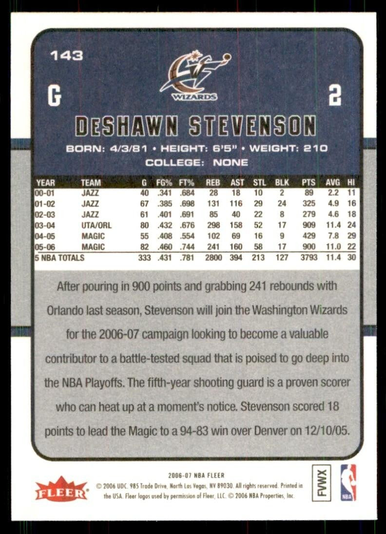 2006-07 Fleer DeShawn Stevenson* Washington Wizards #143