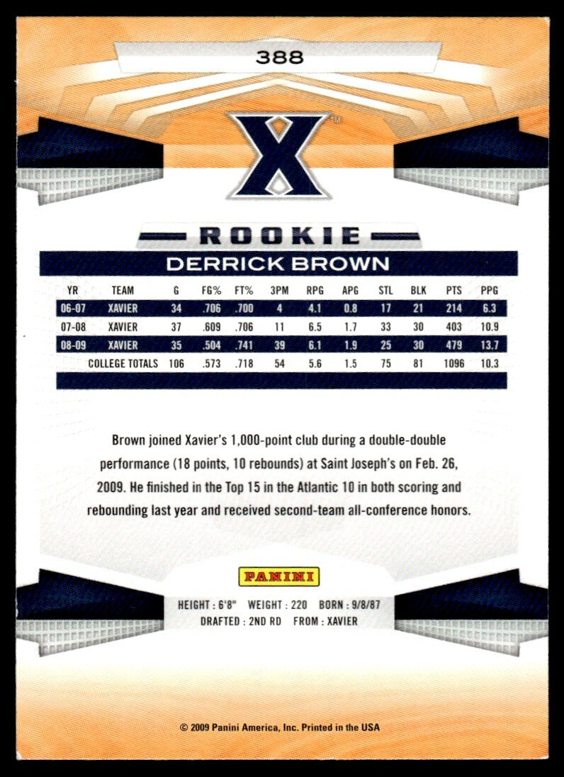 2009-10 Panini Basketball Card Derrick Brown Rookie Charlotte Bobcats #388