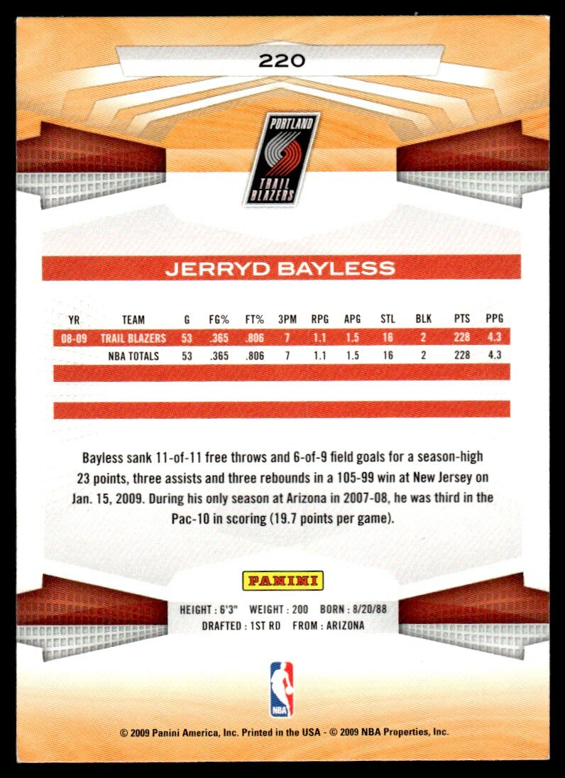 2009-10 Panini Basketball Card Jerryd Bayless Portland Trail Blazers #220