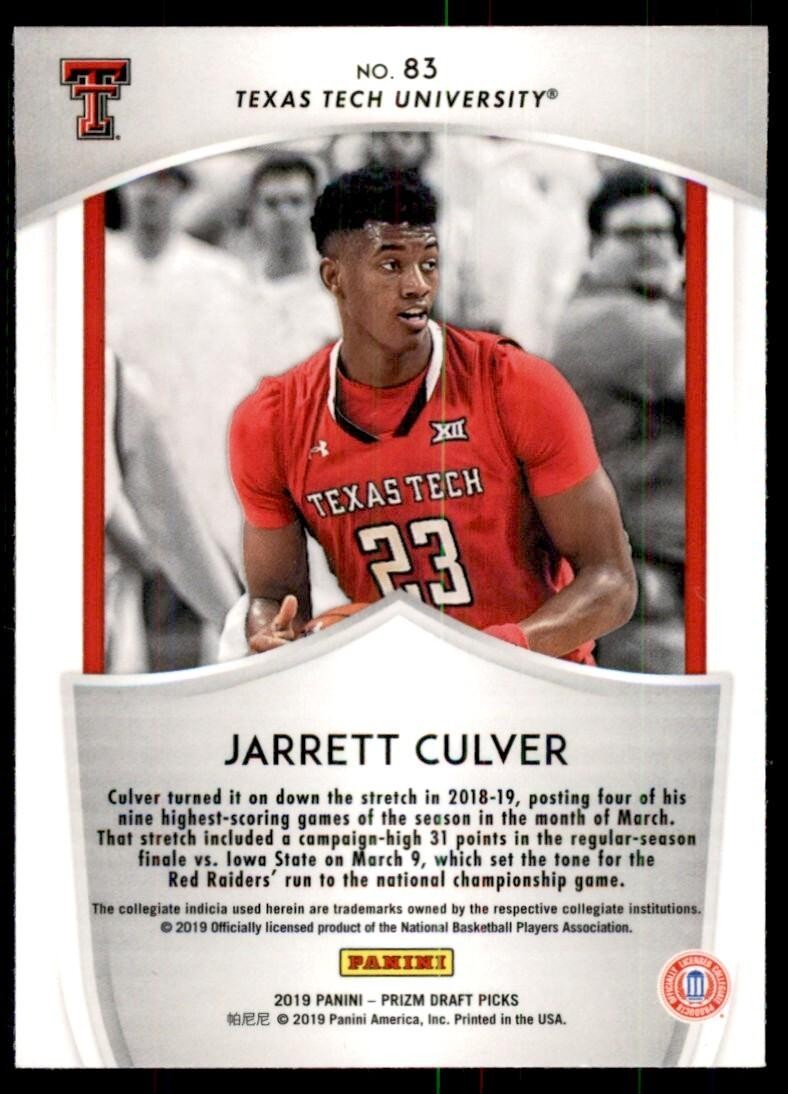 2019-20 Panini Prizm Draft Picks Jarrett Culver 101 Texas Tech Red Raiders #83