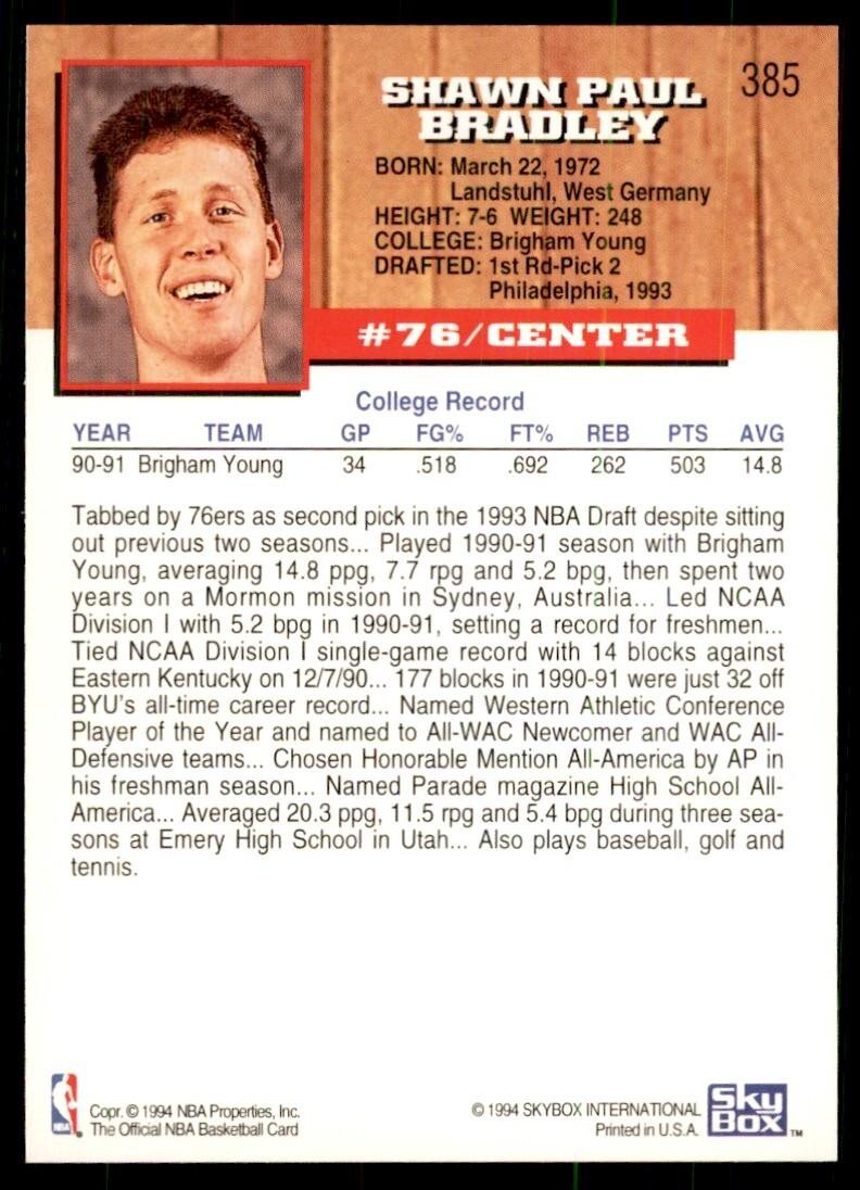 1993-94 NBA Hoops Shawn Bradley Basketball Cards #385