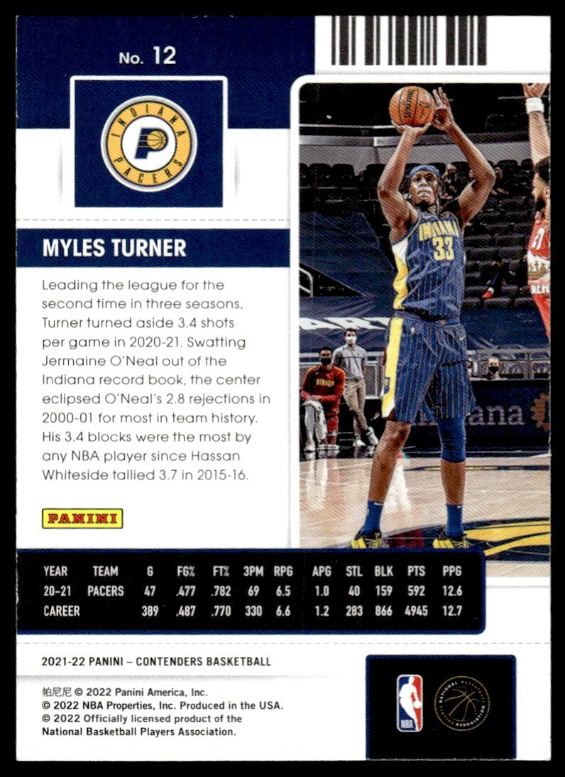 2021-22 Panini Contenders Basketball Card Myles Turner Indiana Pacers #12