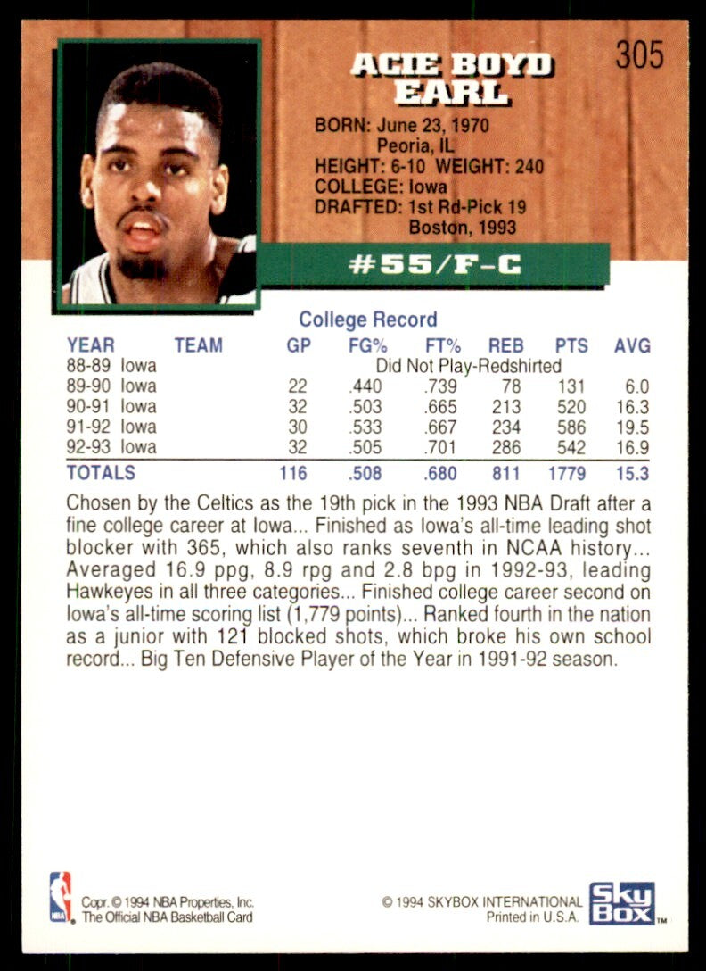 1993-94 NBA Hoops Acie Earl Basketball Cards #305