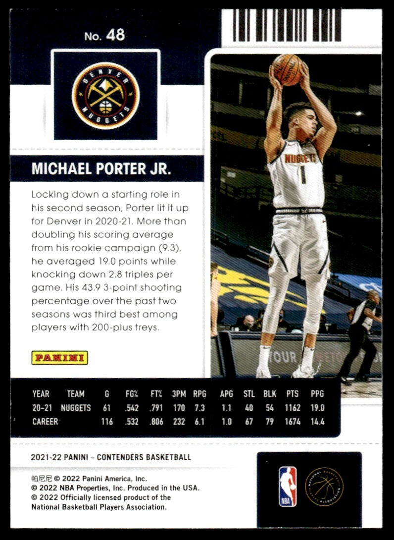 2021-22 Panini Contenders Basketball Card Michael Porter Jr. Denver Nuggets #48