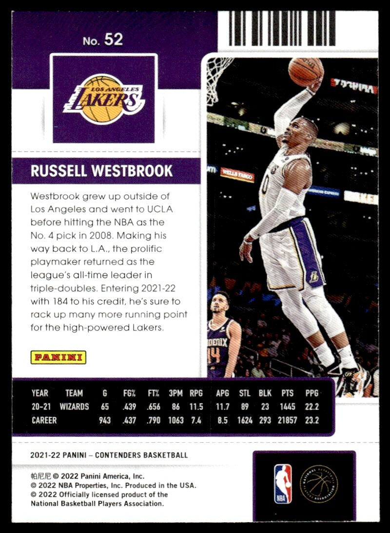 2021-22 Panini Contenders Basketball Card Russell Westbrook Los Angeles Lakers
