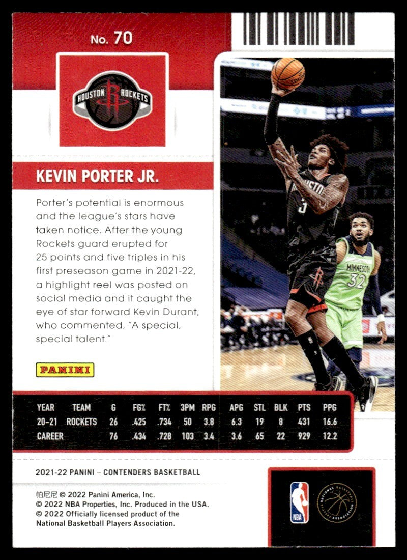 2021-22 Panini Contenders Basketball Card Kevin Porter Jr. Houston Rockets #70