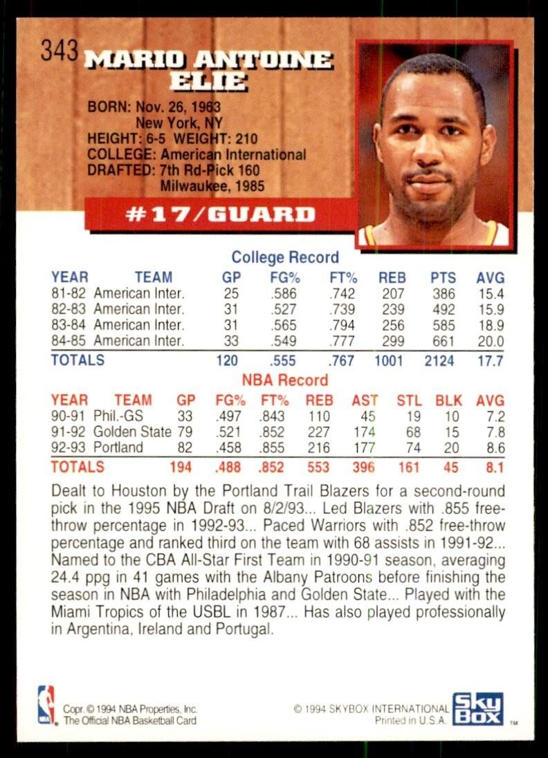 1993-94 NBA Hoops Mario Elie Basketball Cards #343