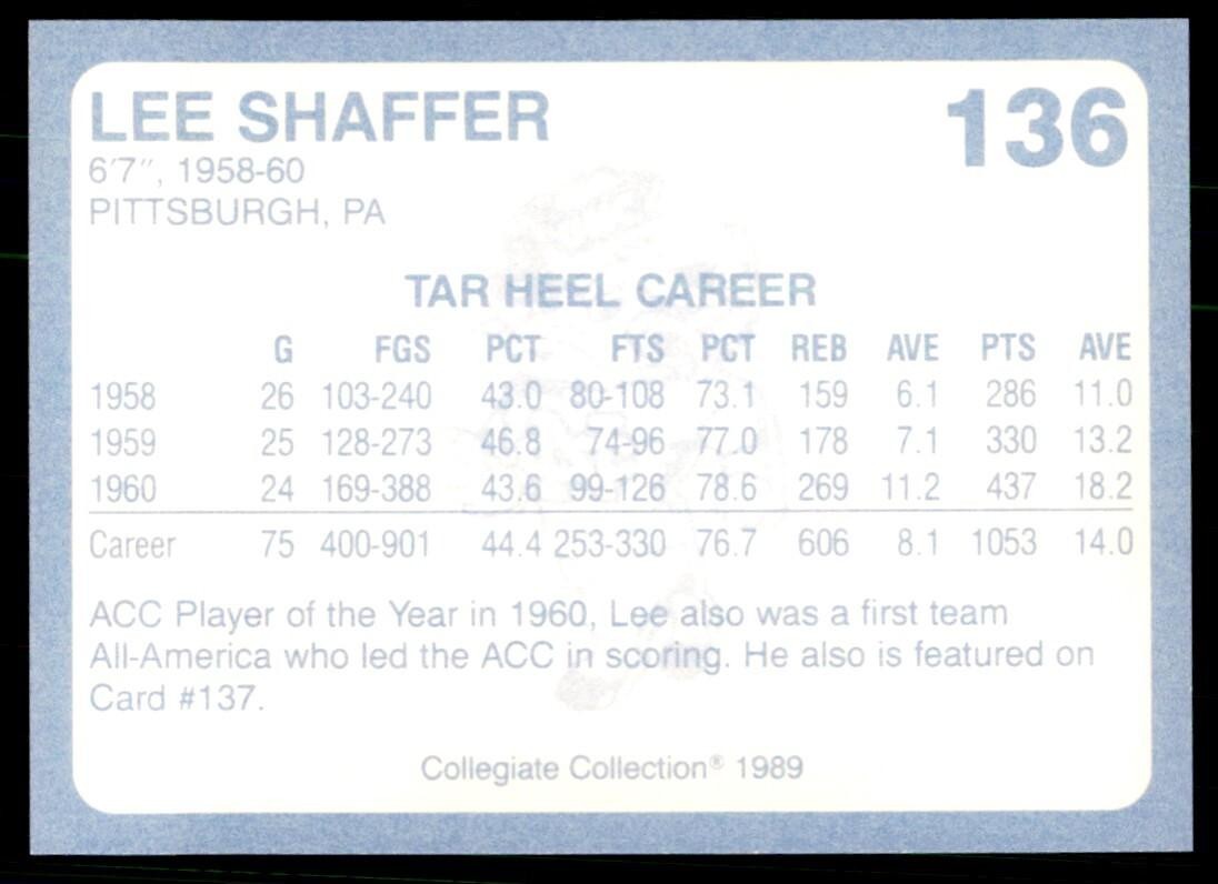 1989-90 Coca Cola Collegiate Collection Lee Shaffer Basketball Cards #136