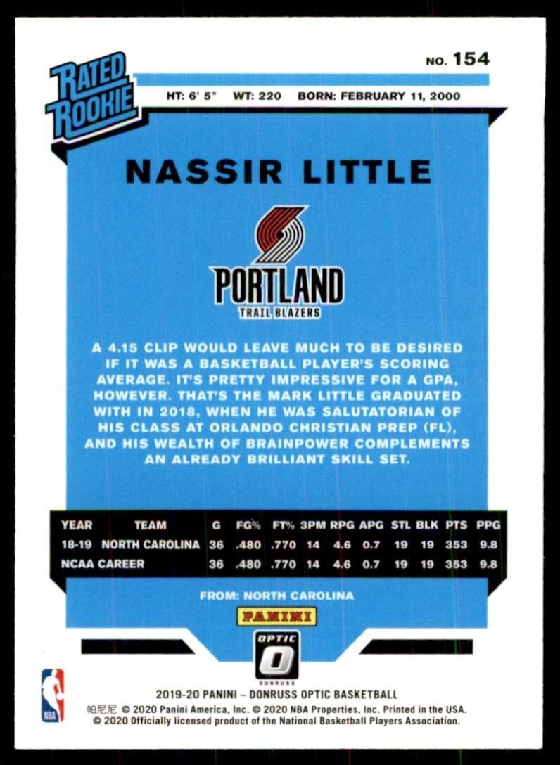 2019-20 Donruss Optic Nassir Little Portland Trail Blazers #154