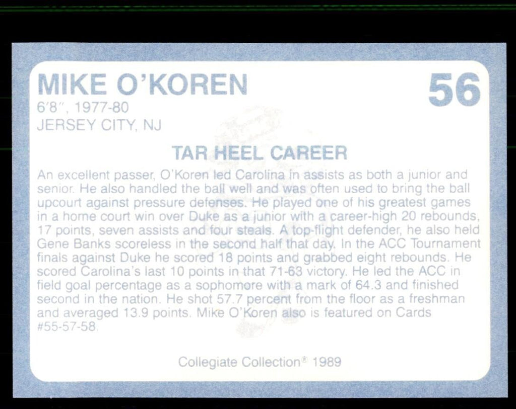 1989-90 Coca Cola Collegiate Collection Mike O'Koren Basketball Cards #56