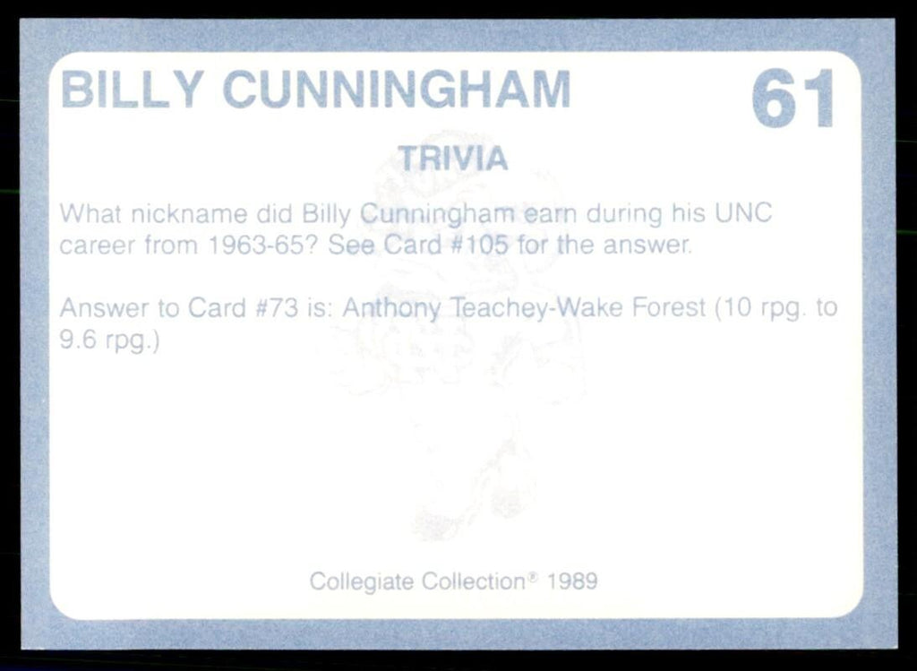 1989-90 Coca Cola Collegiate Collection Billy Cunningham Basketball Cards #61